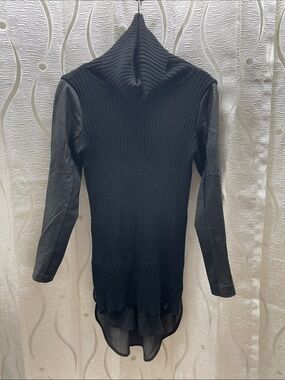 RUDSAK Black Ribbed Long-Sleeve Hooded Tunic Dress with Sheer Hem